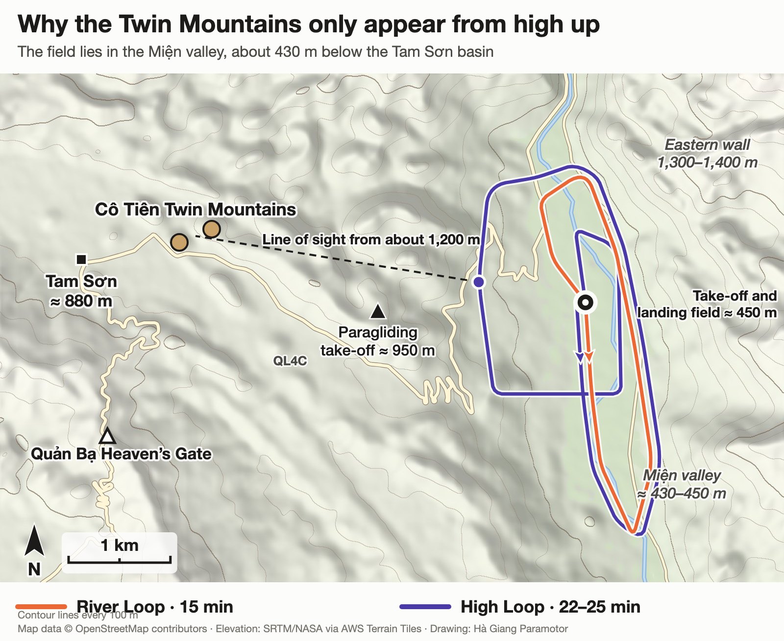 Context map showing the Miện valley, Tam Sơn and the Twin Mountains