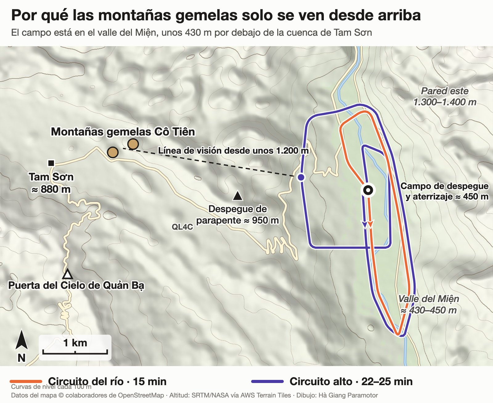 Mapa general con el valle del Miện, Tam Sơn y las montañas gemelas