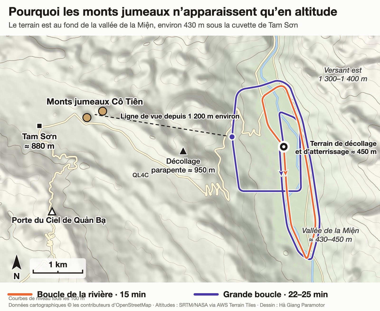 Carte d'ensemble montrant la vallée de la Miện, Tam Sơn et les monts jumeaux