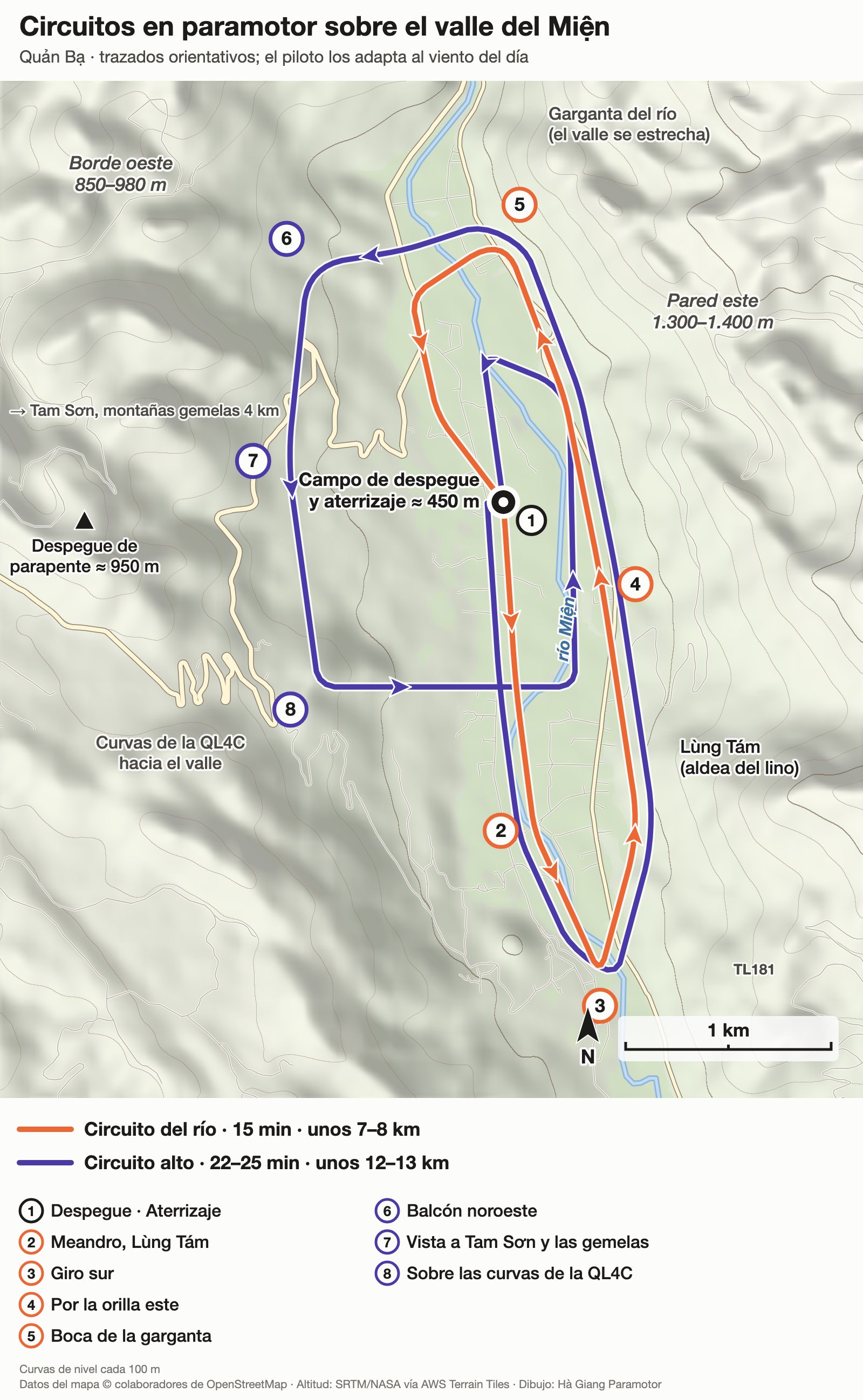 Mapa de los dos circuitos en paramotor sobre el valle del Miện en Quản Bạ, con paradas numeradas