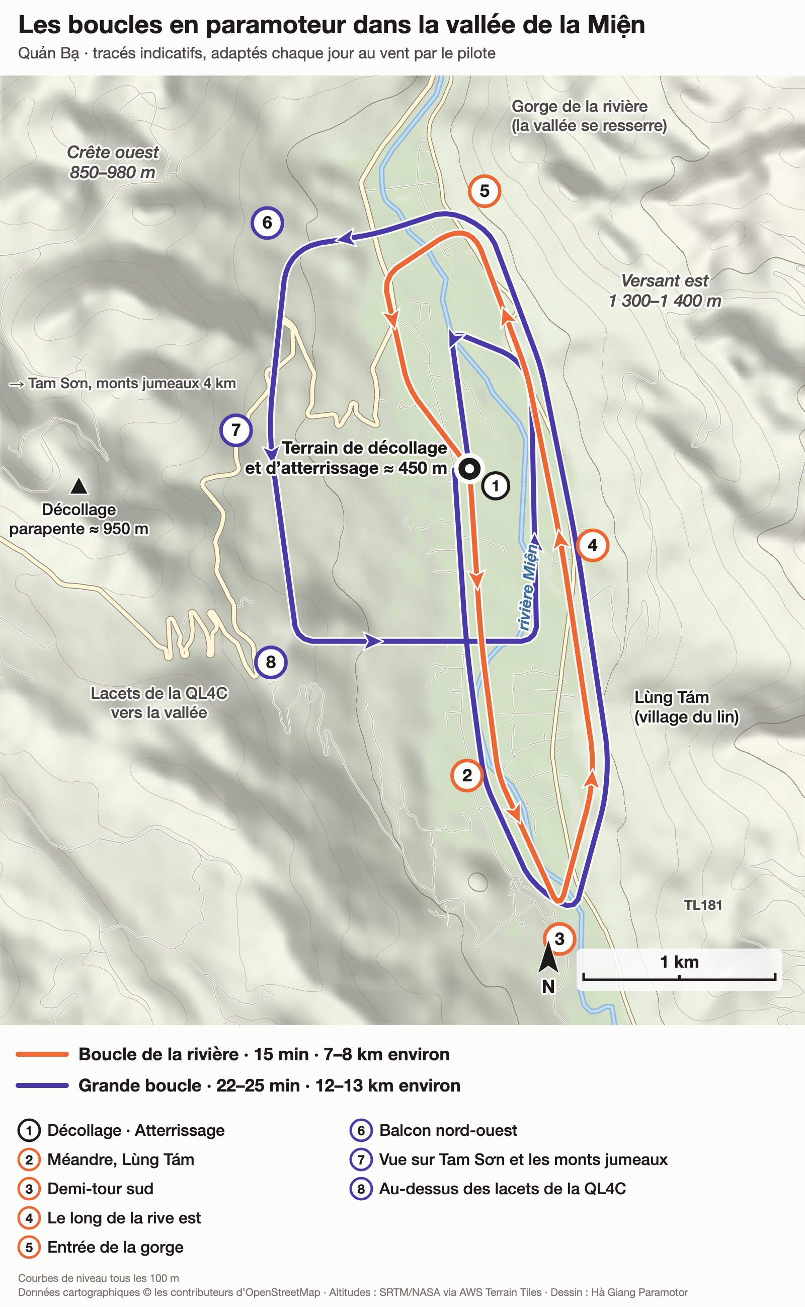 Carte des deux boucles en paramoteur au-dessus de la vallée de la Miện à Quản Bạ, avec étapes numérotées